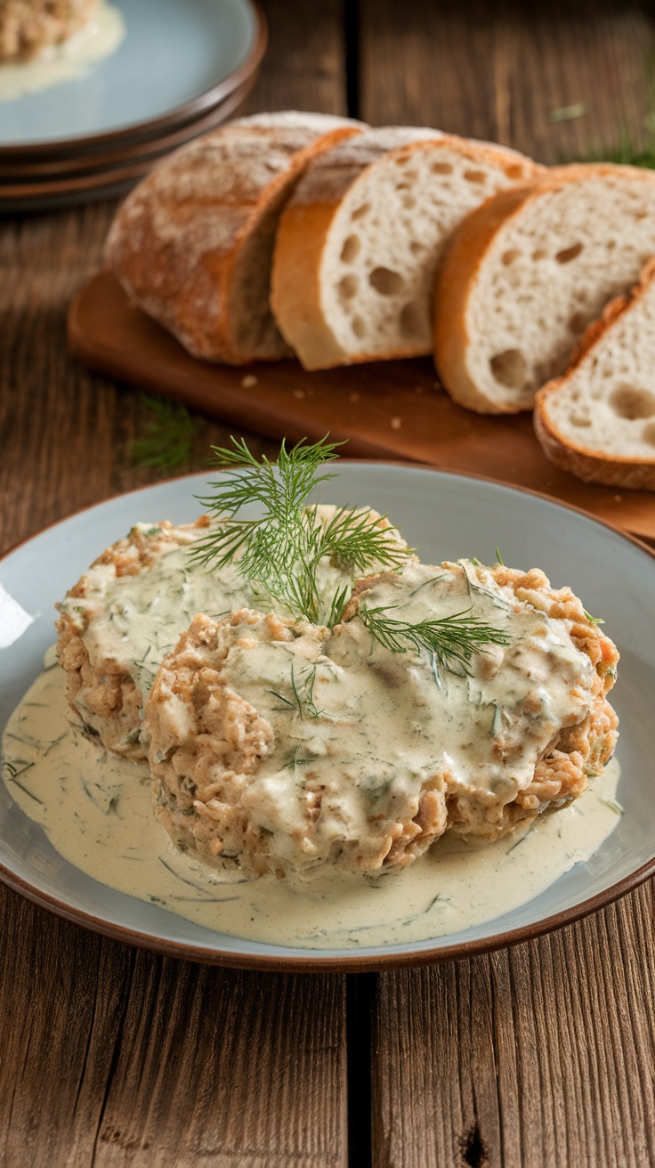 Minced chicken patties in creamy dill sauce, garnished with dill and served with crusty bread.